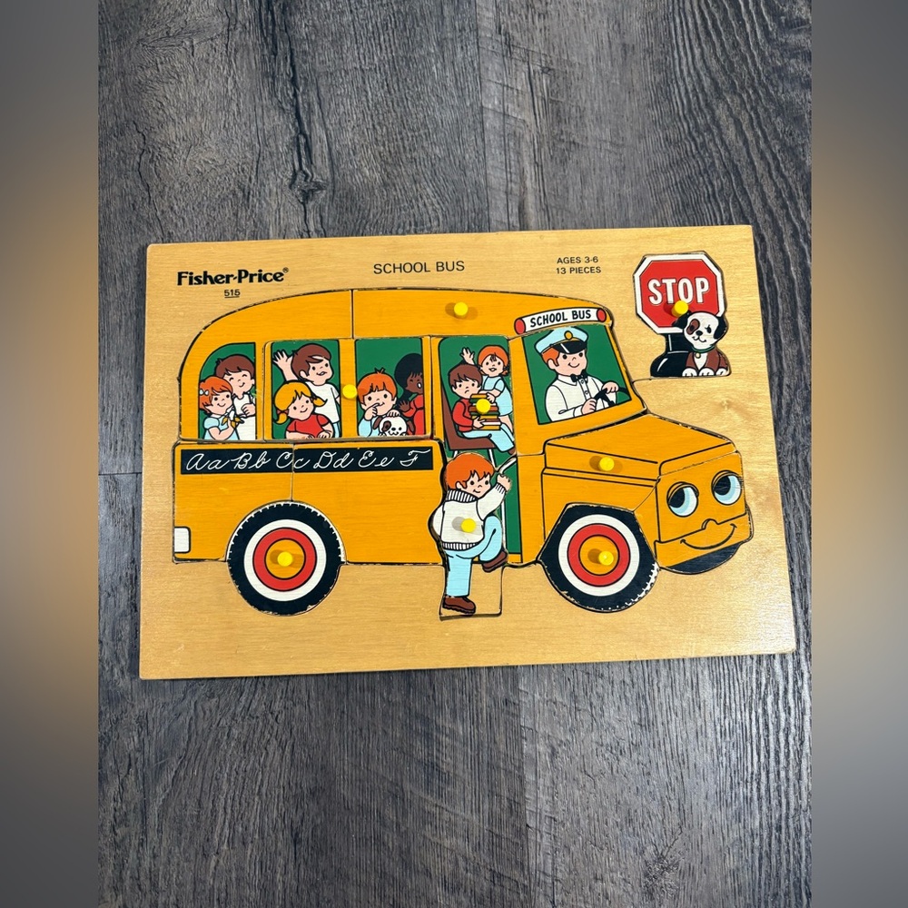Fisher Price Vintage #515 School Bus Puzzle Pick-Up & Peek Wood 13 Pieces